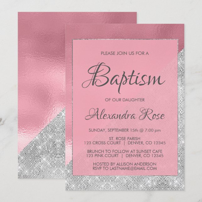 Rose Gold and Silver Sparkle Baby Girl  Baptism Invitation (Front/Back)