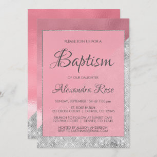 Rose Gold and Silver Sparkle Baby Girl  Baptism Invitation