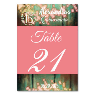 Rose Gold and Teal Rustic Quinceañera Spanish Table Number
