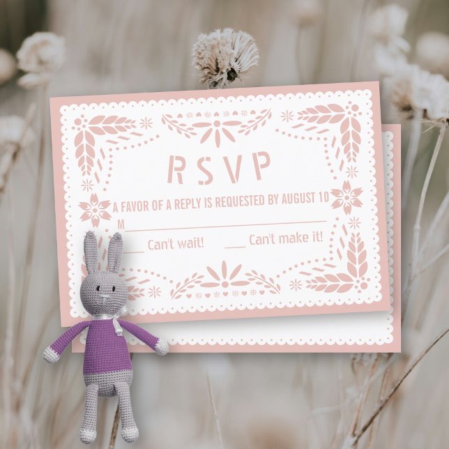 Rose gold and white papel picado baby girl shower RSVP card (Creator Uploaded)