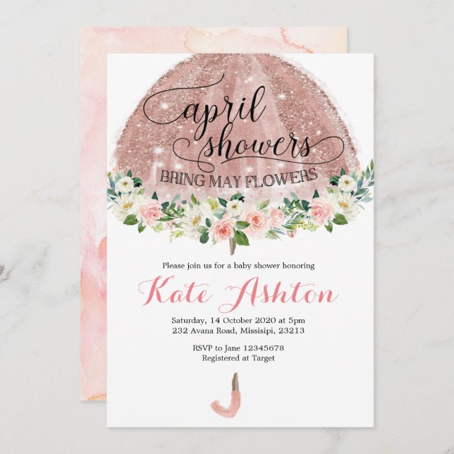 Rose Gold April Showers Umbrella Baby Shower Invit Invitation (Front/Back)
