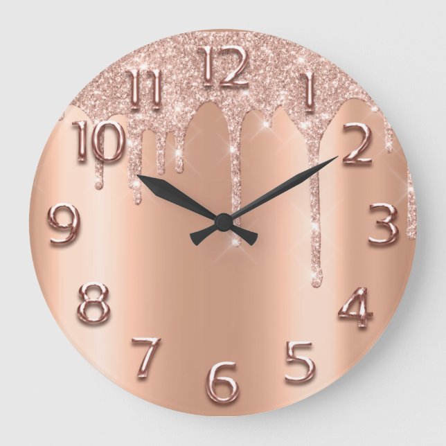 Rose Gold Arabic Number Glitter Drip Blush Copper Large Clock (Front)