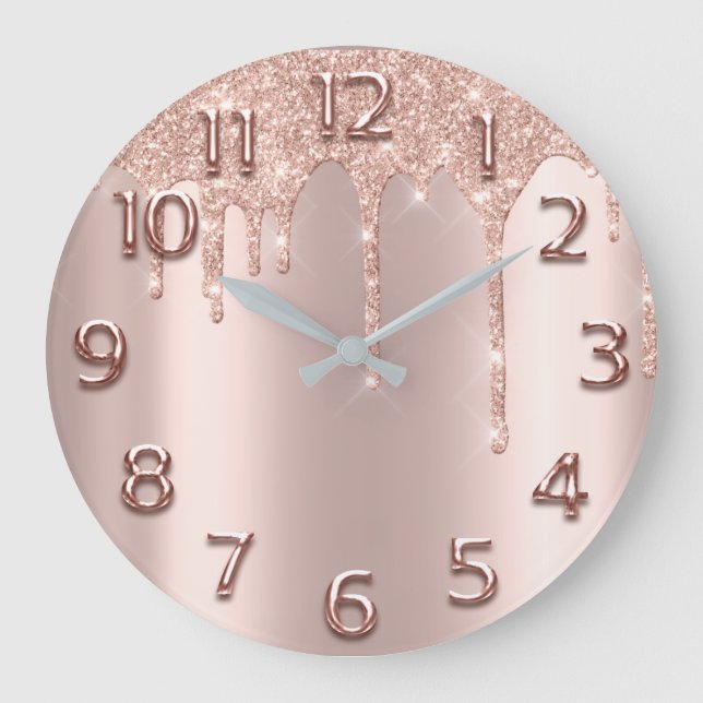 Rose Gold Arabic Number Glitter Drip Blush Glitter Large Clock (Front)