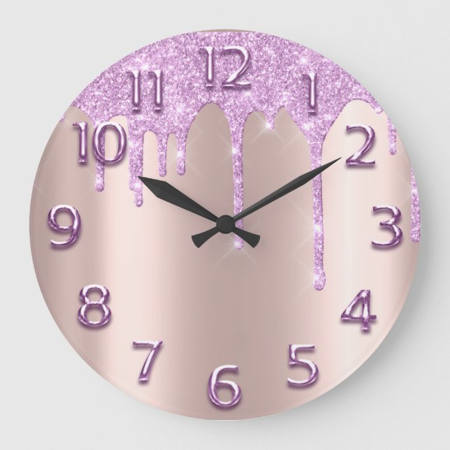 Rose Gold Arabic Number Glitter Drip Blush Glitter Large Clock (Front)