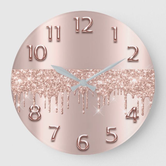 Rose Gold Arabic Number Metallic Blush Glitter Large Clock (Front)