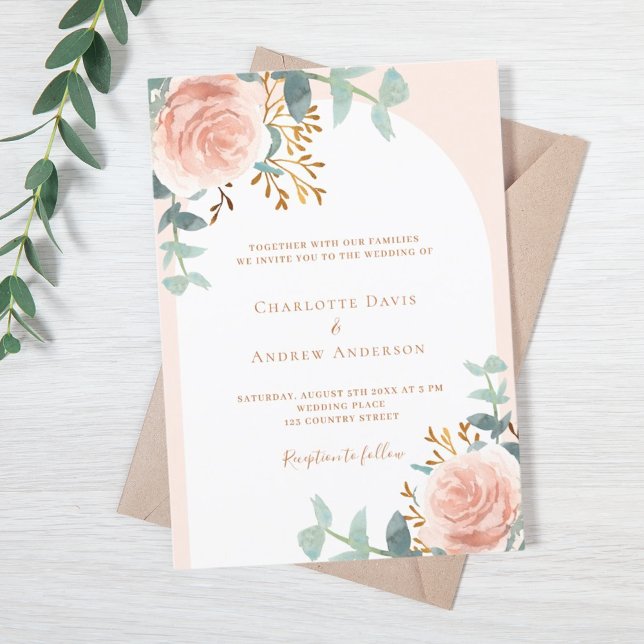 Rose gold arch floral greenery wedding invitation (Creator Uploaded)