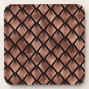 Rose Gold Art Deco Fans on Black Coaster