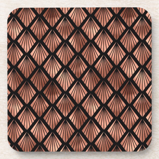 Rose Gold Art Deco Fans on Black Coaster (Front)