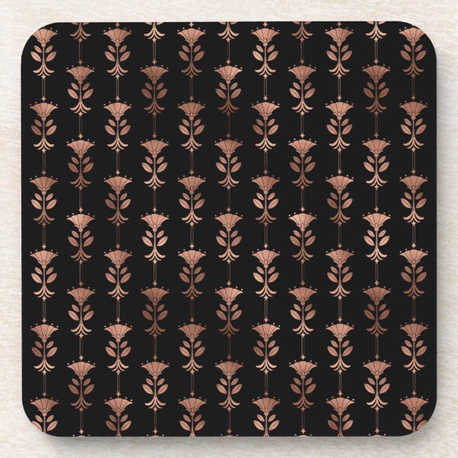 Rose Gold Art Deco Flowers on Black Coaster (Front)