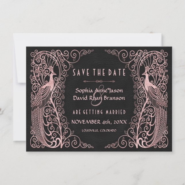 Rose Gold Art Deco Peacocks Black Save The Date (Front)