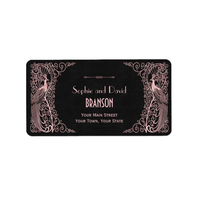 Rose Gold Art Deco Peacocks Black Wedding Label (Front)