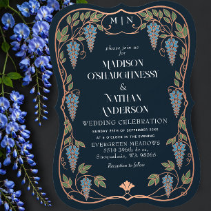 Rose Gold Art Nouveau Blue Wisteria Wedding  Invitation