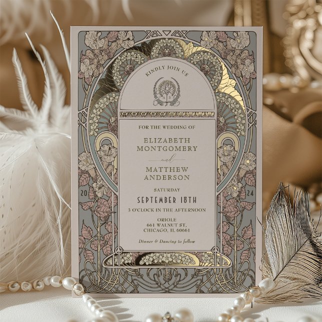 Rose Gold Art Nouveau Botanical Wedding Invitation (Creator Uploaded)