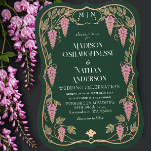 Rose Gold Art Nouveau Pink Wisteria Wedding  Invitation
