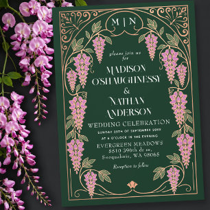 Rose Gold Art Nouveau Pink Wisteria Wedding  Invitation