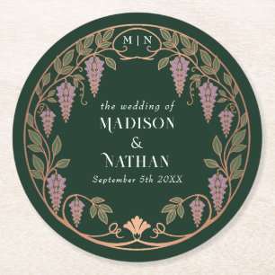 Rose Gold Art Nouveau Purple Wisteria Wedding Round Paper Coaster