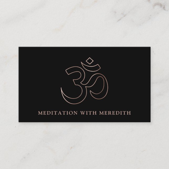 Rose Gold Aum Om Symbol Meditation Teacher Black Business Card (Front)