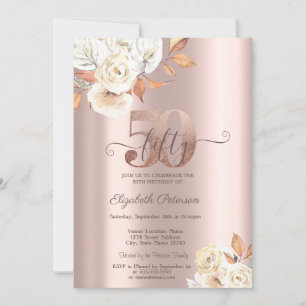 Rose Gold Autumn Flowers 50th Birthday  Invitation