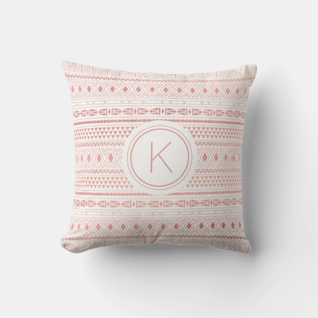 Rose Gold Aztec Tribal Pattern Monogram Cushion (Front)