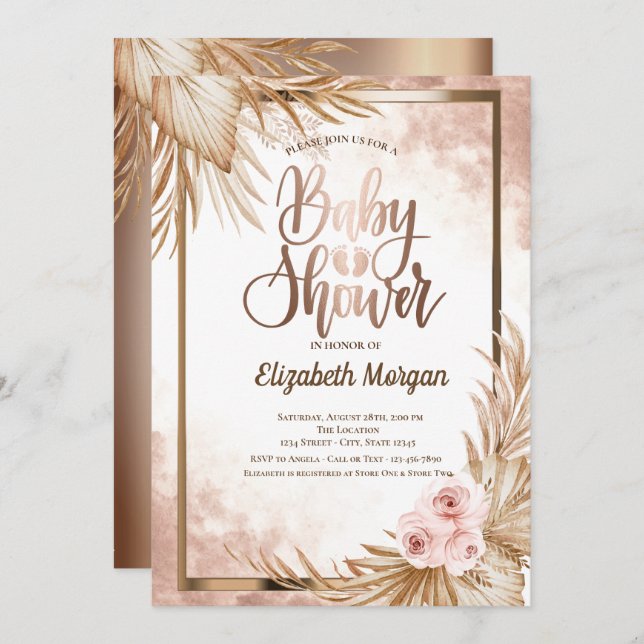 Rose Gold Baby Foots Pampas Roses Baby Shower  Invitation (Front/Back)