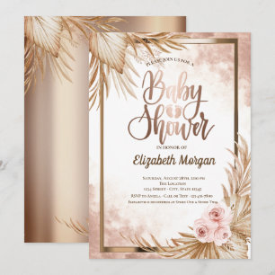  Rose Gold Baby Foots Pampas Roses Baby Shower  Invitation