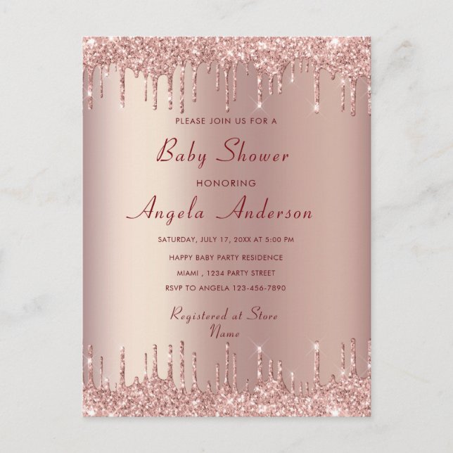 Rose Gold Baby Girl Shower Invitation with QR Code Postcard (Front)