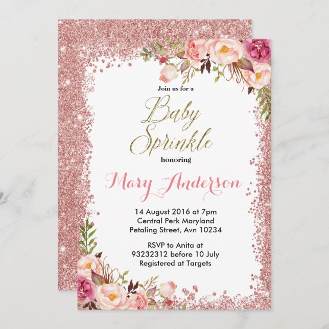 Rose Gold Baby Sprinkle Invitations Girl (Front/Back)