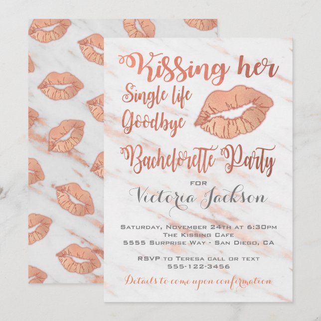 Rose Gold Bachelorette Party Kiss with marble Invitation (Front/Back)