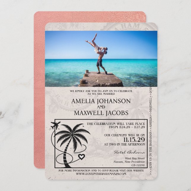 Rose Gold Bahamas Passport Wedding Invitation (Front/Back)