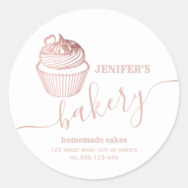 Rose gold bakery Homemade cupcakes and sweets Classic Round Sticker (Front)