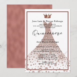 Rose Gold Ball Gown & Tiara Quinceañera Birthday  Invitation