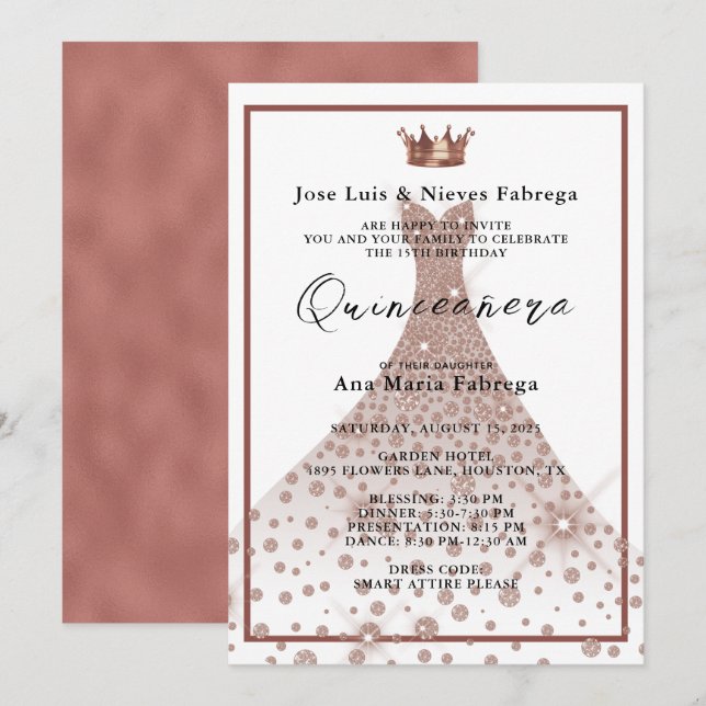 Rose Gold Ball Gown & Tiara Quinceañera Birthday  Invitation (Front/Back)