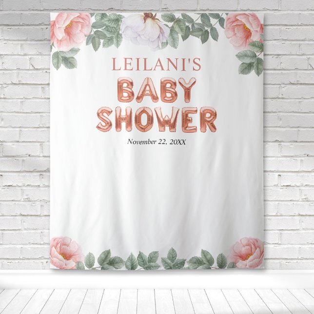 Rose Gold Balloon Baby Shower Pink Floral Backdrop Tapestry (Pink and white peony with rose gold balloon lettered baby shower for a botanical backdrop for photos)