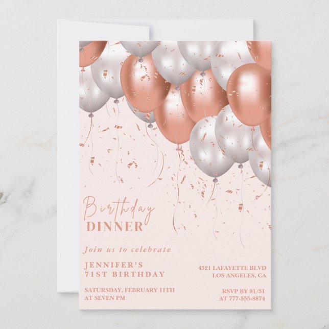 Rose gold Balloon Dinner 71st birthday Invitation (Front)
