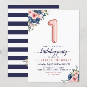Rose Gold Balloon Floral Navy Blush 1st Birthday Invitation