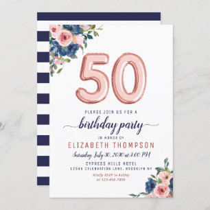 Rose Gold Balloon Floral Navy Blush 50th Birthday Invitation