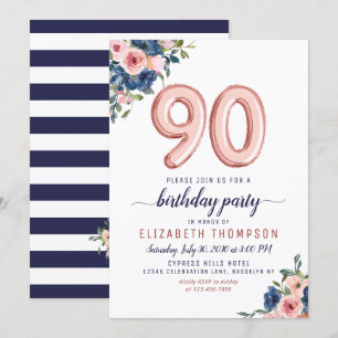 Rose Gold Balloon Floral Navy Blush 90th Birthday Invitation