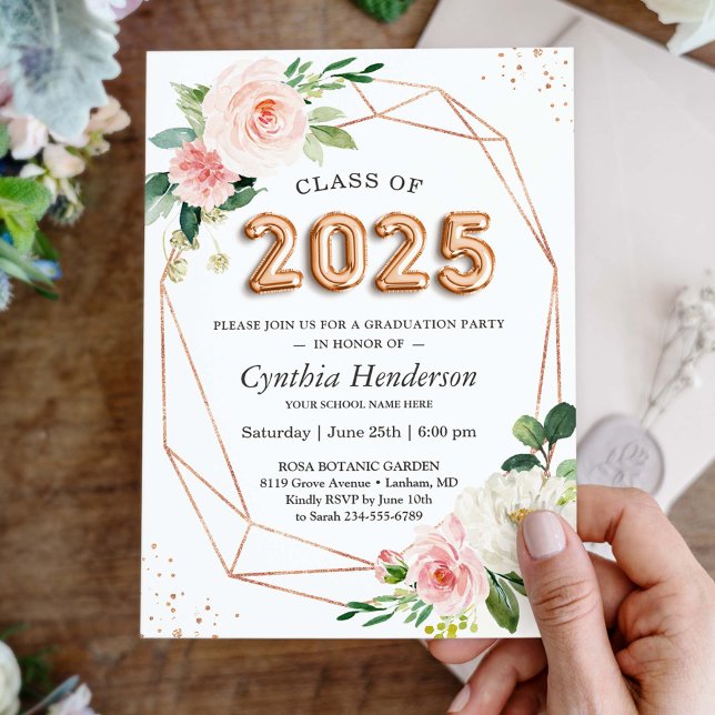 Rose Gold Balloon Font Class of 2025 Graduation Invitation (Creator Uploaded)