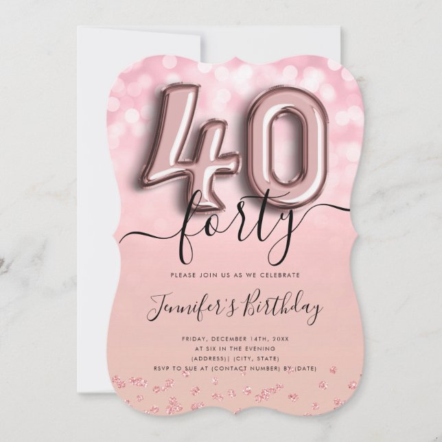 Rose Gold Balloon Glitter 40th Birthday Invite (Front)