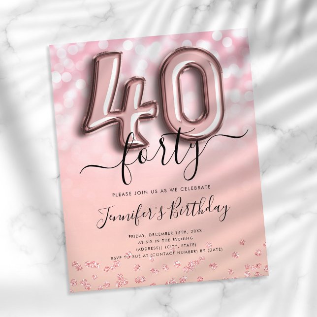 Rose Gold Balloon Glitter 40th Birthday Invite Flyer (Creator Uploaded)