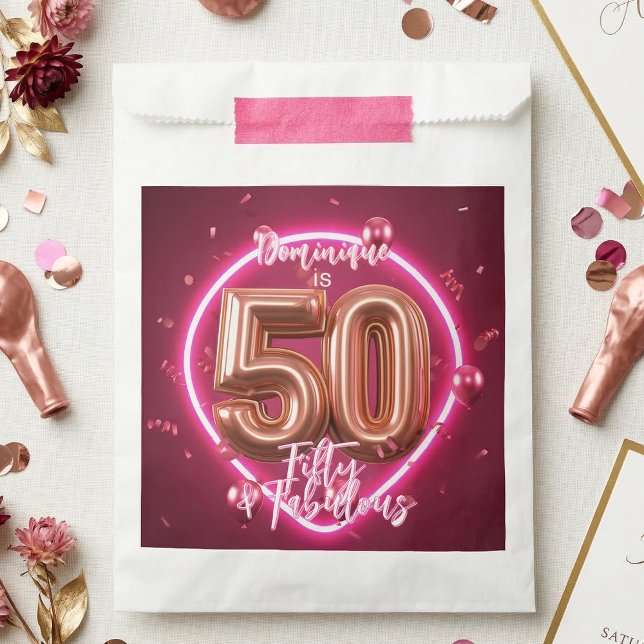 Rose Gold Balloon Neon Hot Pink 50th Birthday Favour Bag (Creator Uploaded)