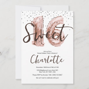 Rose Gold Balloon Silver Glitter Sweet 16 Party  Invitation