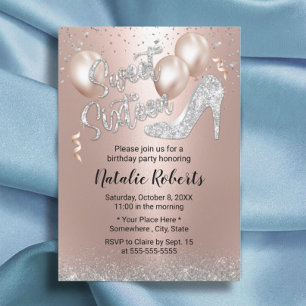Rose Gold Balloon Silver High Heel Modern Sweet 16 Invitation