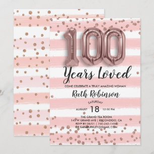 Rose Gold Balloons   100th Birthday Invitation