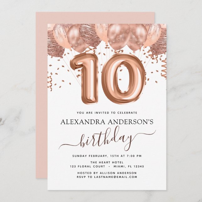 Rose Gold Balloons 10th Birthday Party Confetti Invitation (Front/Back)