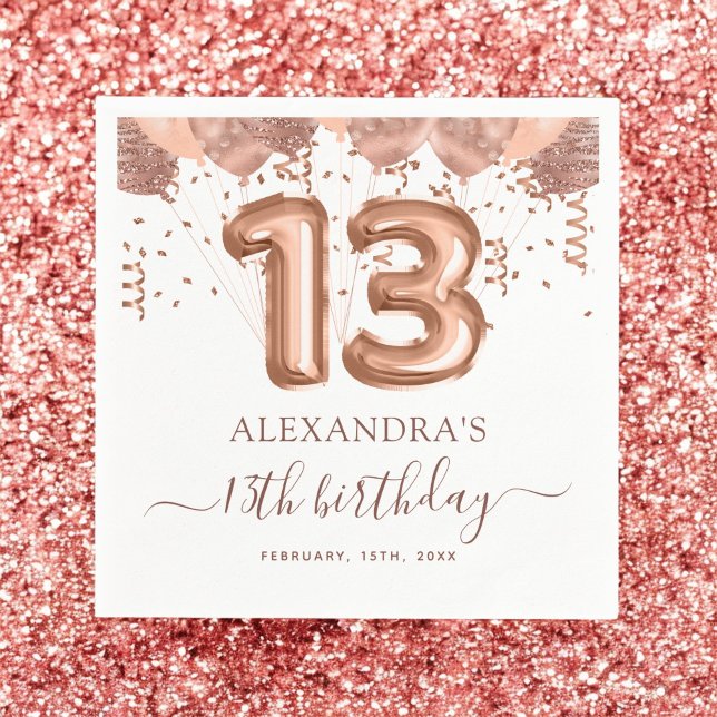 Rose Gold Balloons 13th Birthday Party Napkin (Creator Uploaded)