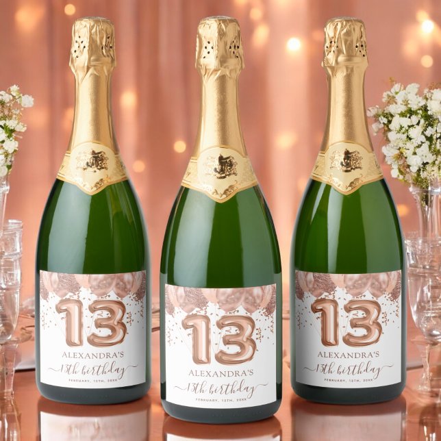 Rose Gold Balloons 13th Birthday Party Sparkling Wine Label (Creator Uploaded)