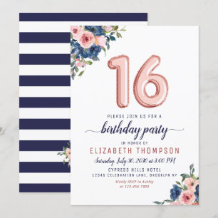 Rose Gold Balloons 16th Birthday Floral Navy Blush Invitation