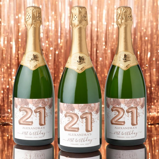 Rose Gold Balloons 21st Birthday Party Sparkling Wine Label (Creator Uploaded)