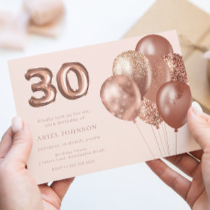 Rose Gold Balloons 30th Birthday Party Invitation